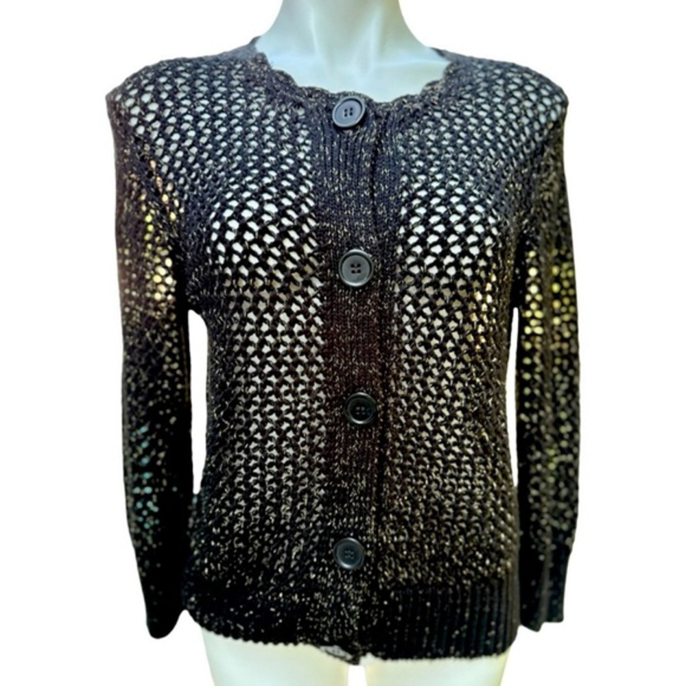 Anne Klein Black Open-Knit Button Front Cardigan